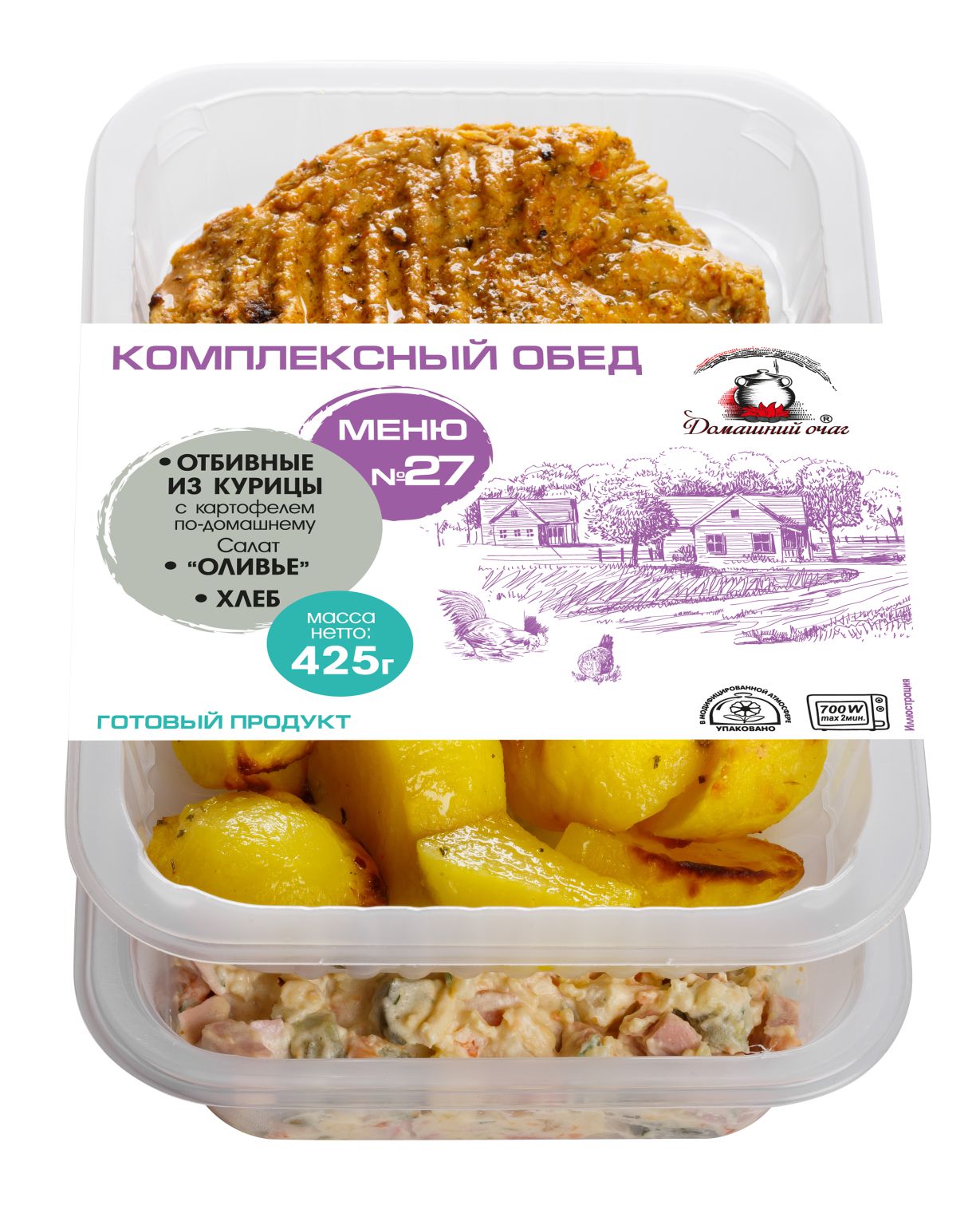 Комплексный обед №27 Отбивные из курицы/Картофель зарумяненный/салат Оливье/Хлеб, 425 г