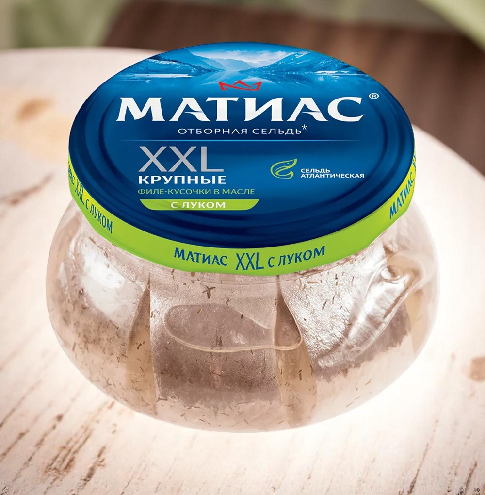 Сельдь филе-кусочки “Матиас с луком в масле” XXL отборный стекло 260гр