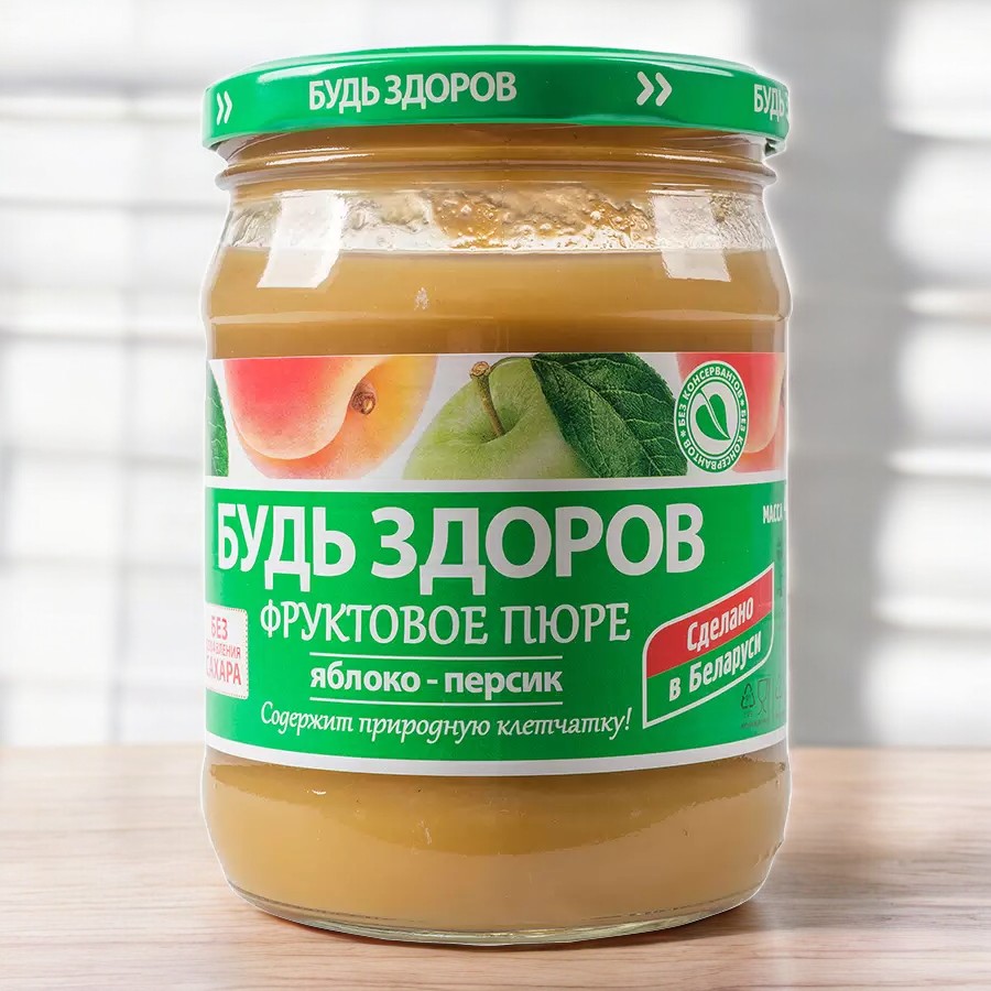 Пюре яблочно-персиковое ТМ “Будь здоров” 450гр