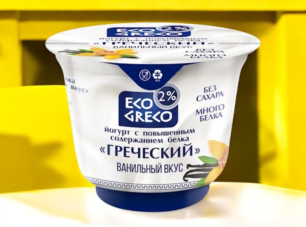 Йогурт “ECO GRECO” с повышенным содержанием белка “Ванильный вкус” м.д.ж.2% стакан 230г 1*12