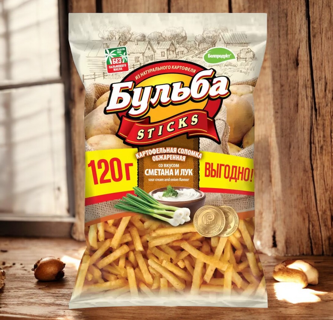 Соломка вкус СМЕТАНЫ и ЛУКА, из цельн.картофеля обжар. “Бульба sticks” 75г./20 шт