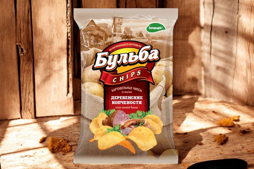 Чипсы из сырого картофеля “Бульба chips” вкус ДЕРЕВЕНСКИХ КОПЧЕНОСТЕЙ 75г./25 шт