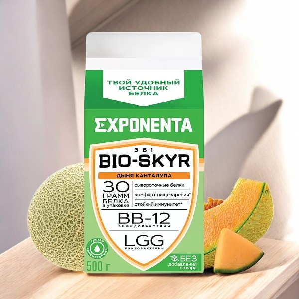 Нап. к.м. обезжир. с в.с. белка EXPONENTA BIO-SKYR 3 в 1 (Дыня Канталупа), 500г/6шт БЗМЖ (М)