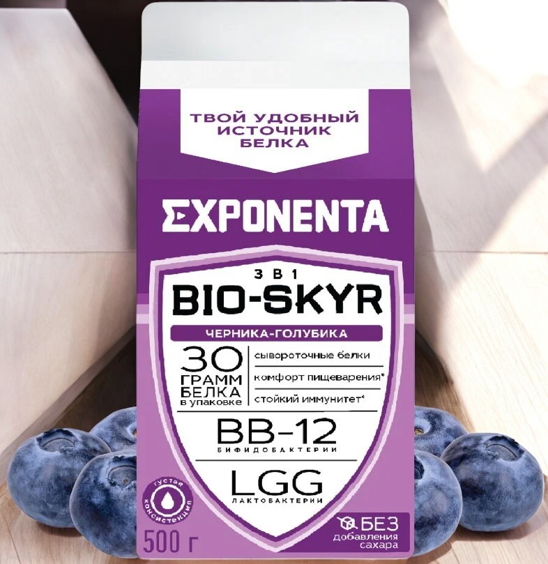 Нап. к.м. обезжир. с в.с. белка EXPONENTA BIO-SKYR 3 в 1 (черника-голубика), 500г/6шт БЗМЖ (М)