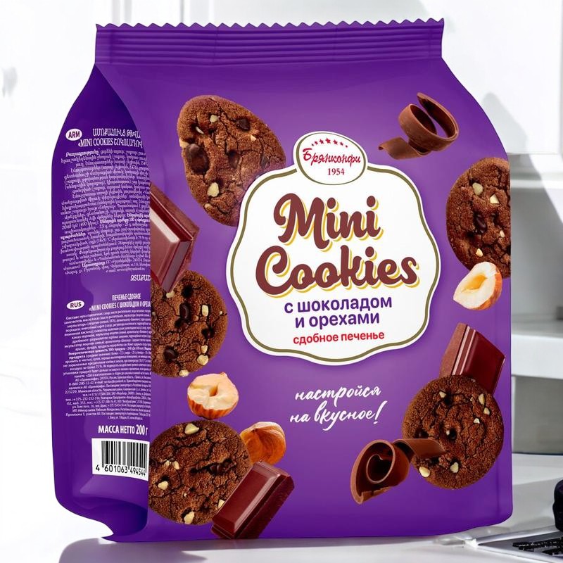 печенье БК Mini Cookies с шоколадом и орехами сдобное 0,200*1шт! ПОШТУЧНО! (12 шт.  в корб. )