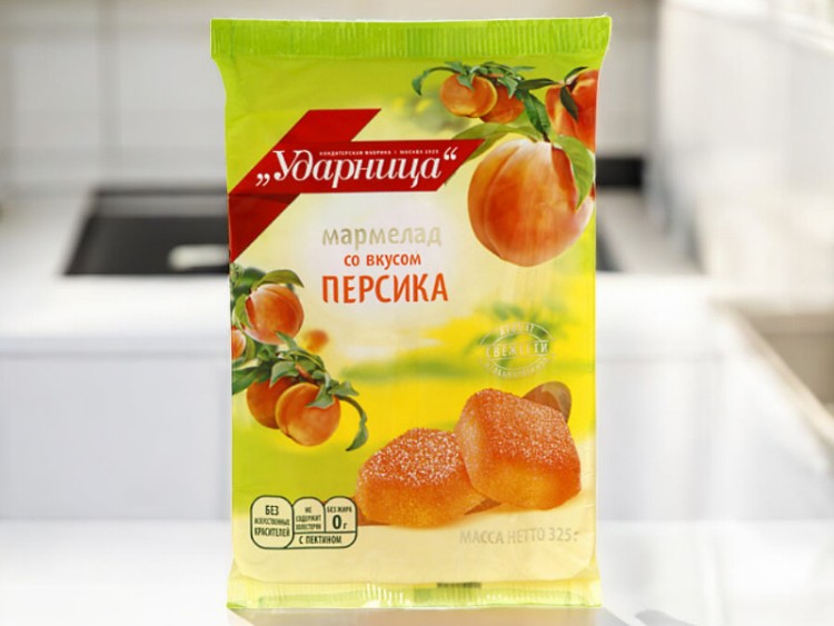 мармелад Ударница со вкусом “Персик” 0,325гр  ПОШТУЧНО! (12 шт  в корб. )