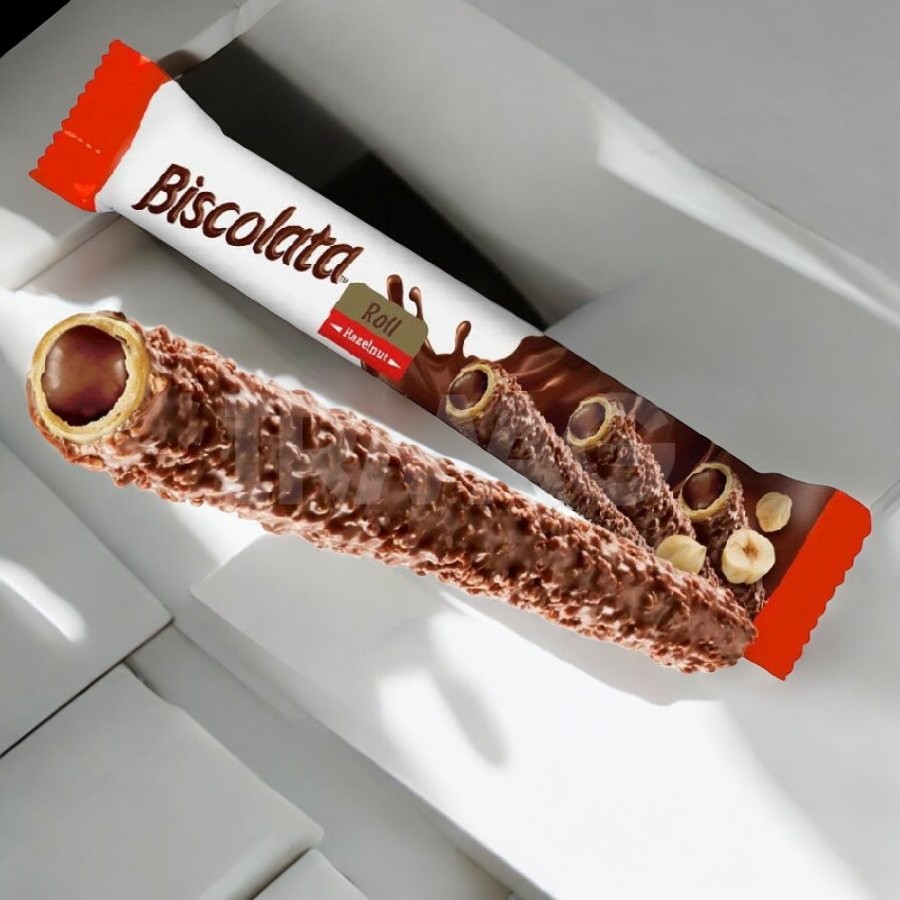 ваф.трубочка “Biscola ROLL” с мол.шок. и ореховой начинкой 0,028*12=0,336кг (12бл.в кор)
