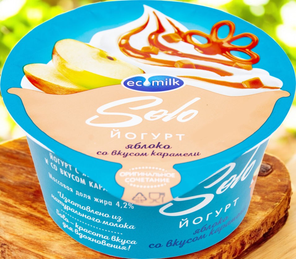 Йогурт Экомилк Соло 4,2% с ЯБЛОКОМ и ВКУСОМ КАРАМЕЛИ 12шт/130г СТАКАН 4071