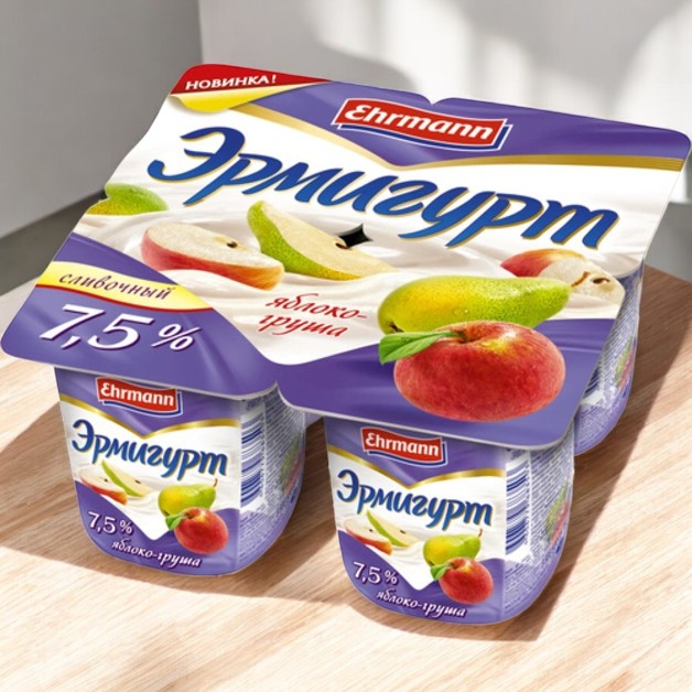 Продукт йогурт. “Эрмигурт” 7,5% с яблоком и грушей 24шт/100гр 3370