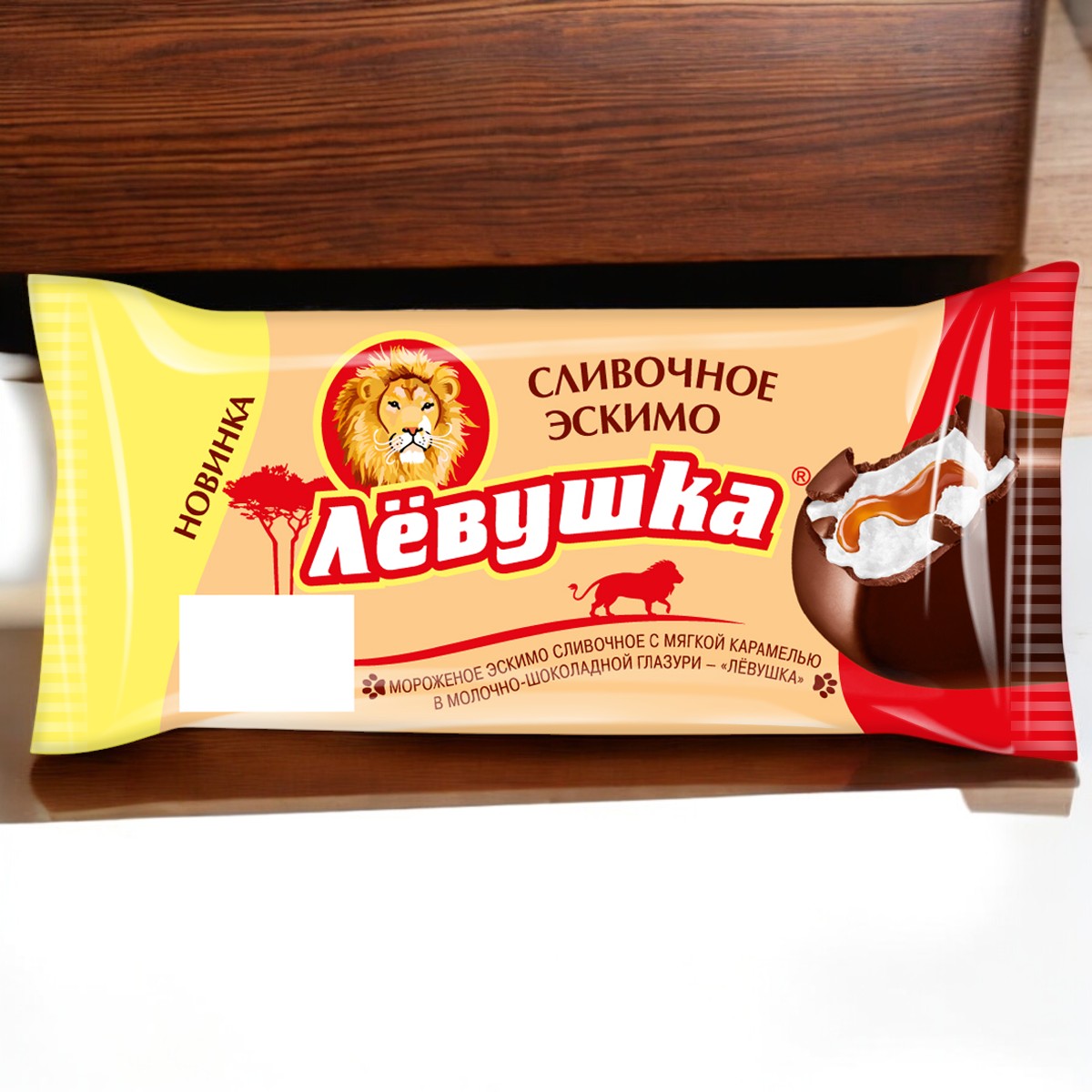 Эскимо Левушка сливоч. с мягкой карамелью в молочно-шок. гл. 65 гр.