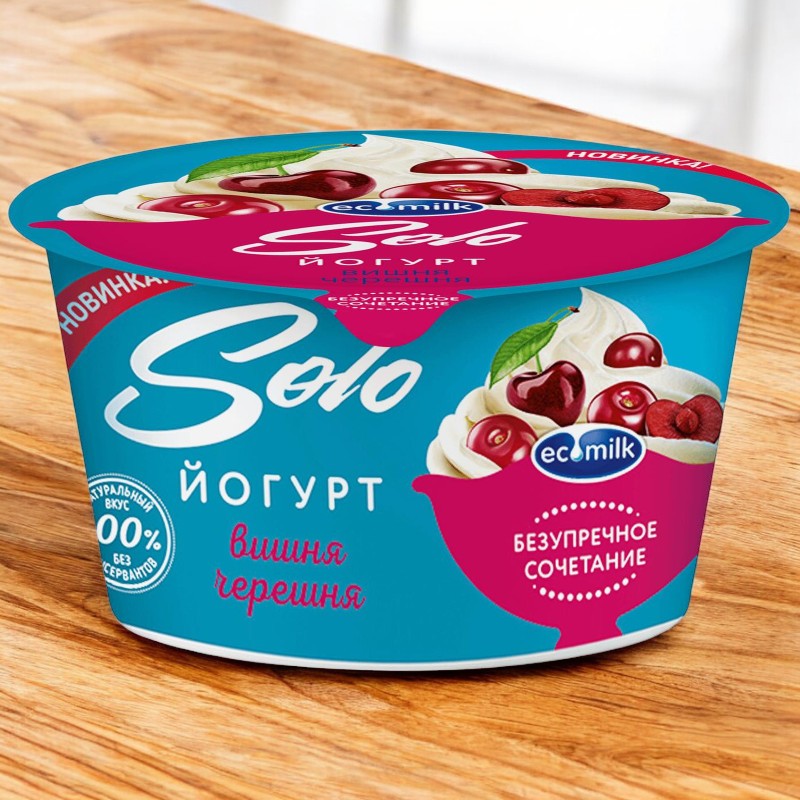 Йогурт с вишней и черешней “Экомилк Соло”.130 гр. Мас. доля жира 4,2%  (12 шт.))