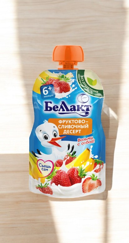 Пюре из банана и клубника со сливкам “Беллакт” “Фруктово-сливочный десерт” Gualapack, 90г, с 6 месяцев