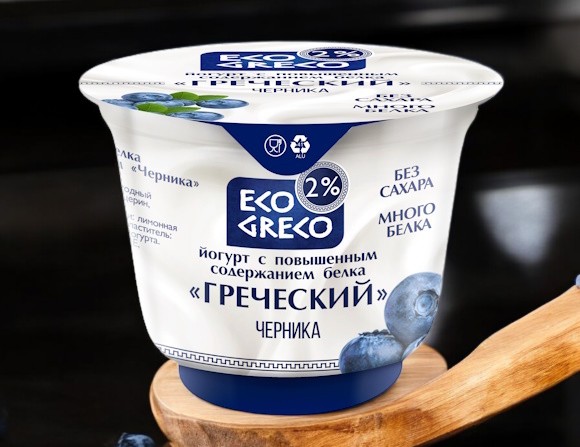 Йогурт с повышенным сод. белка «Греческий» с наполнителем «Черника» 2,0% стакан 230г ( «ECO GRECO»)