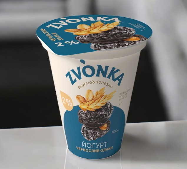 Йогурт с фруктовым наполнителем “Чернослив-злаки” 2% п/стакан 310г Zvonka