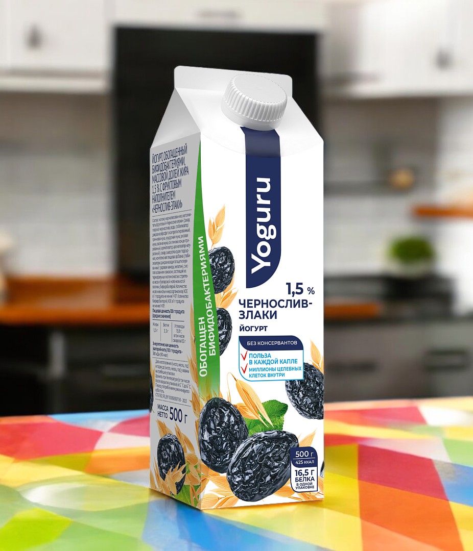 Йогурт “YOGURU” 1,5% пюр-пак 500г чернослив-злаки