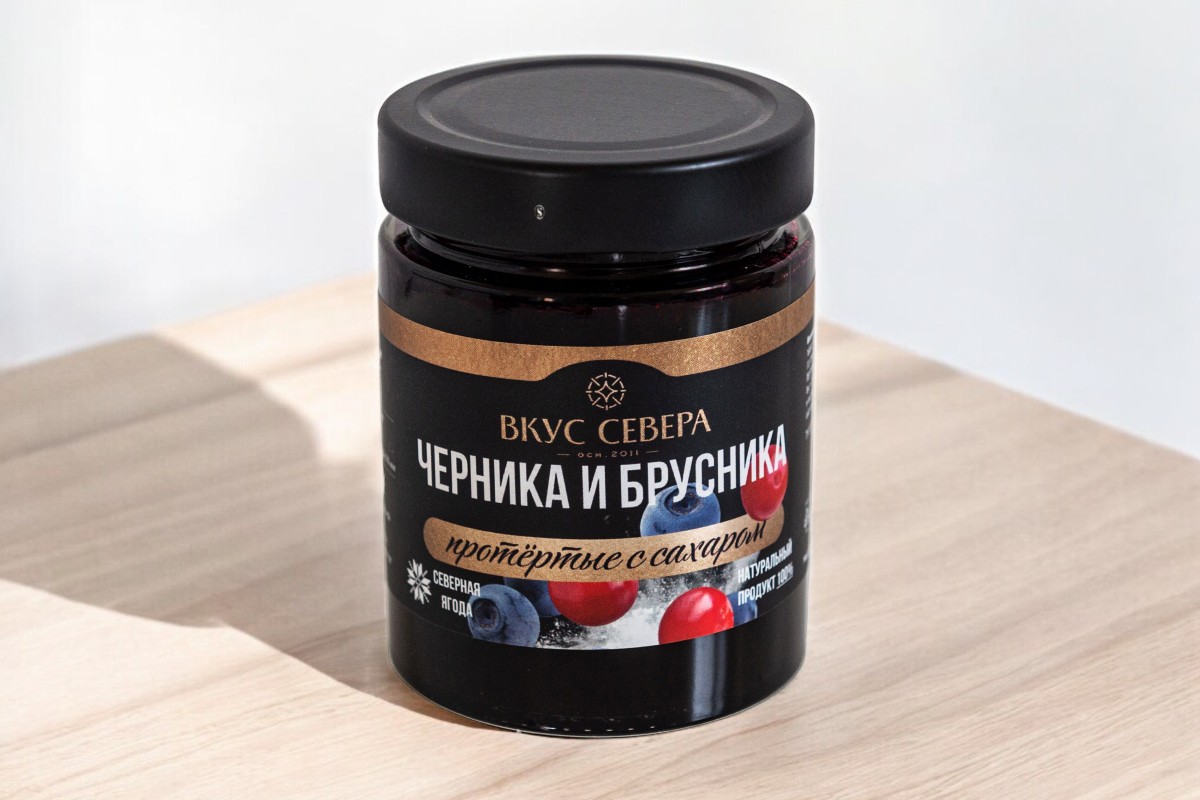 ЧЕРНИКА и БРУСНИКА протертые с сахаром 300г (12 мес) ст/банка