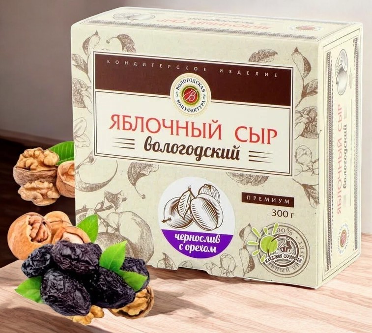 Сыр яблочный с орехом и черносливом с сахаром 300гр (12 мес) коробка