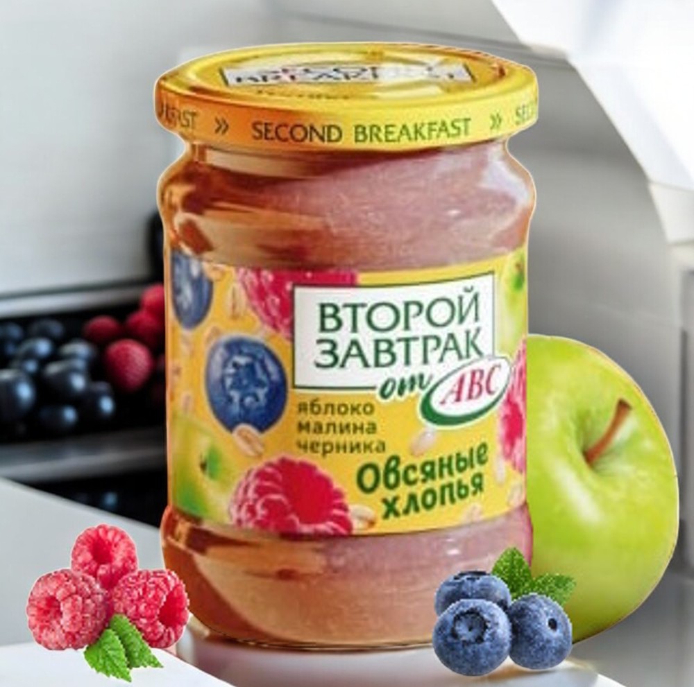 Десерт пюре фруктовый из яблок малины и черники с овсяными хлопьями 250г ТМ ВТОРОЙ ЗАВТРАК